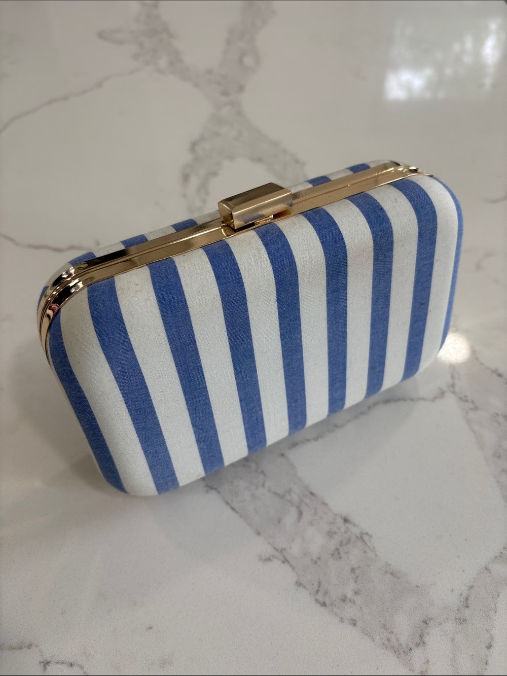 Ann Taylor Blue & White Striped Hardcase Clutch Purse with Gold Chain Strap